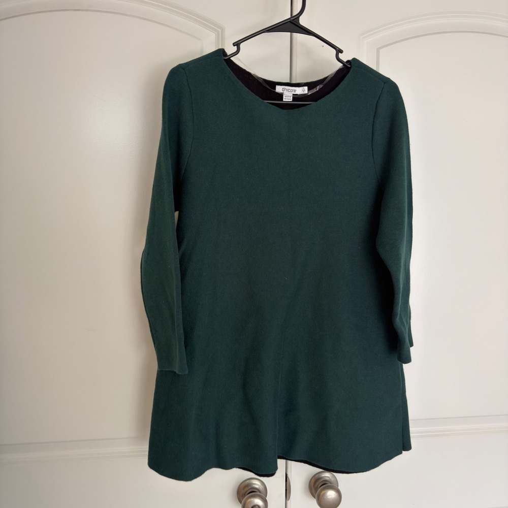 Chicos Womens Forest Green Long Sleeve Knit Sweater Tunic Top Size 1 Medium